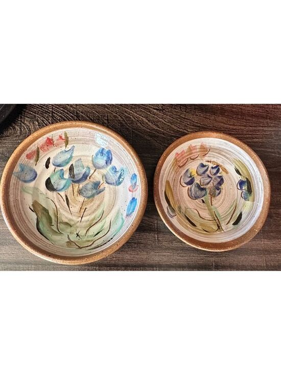 Handmade Other - Signed Handmade Ceramic Bowls Set of 2 Blue Floral Pottery Stoneware Dinnerware